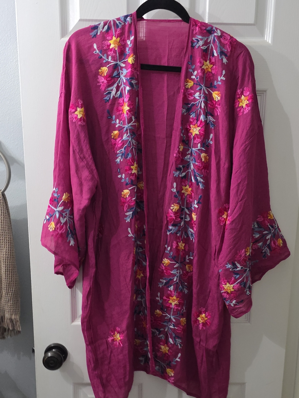 Vibrant Magenta Embroidered Open-Front Kimono One Size